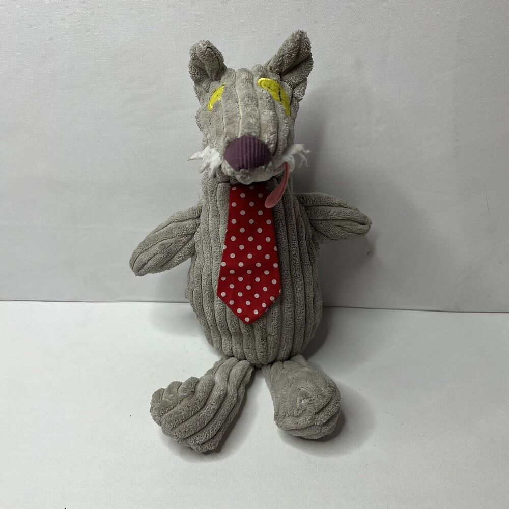 Les Deglingos BigBos Gray Red Tie Plush Stuffed Toy Wolf   12"